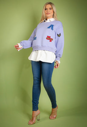 BADGE MOTIF SWEATSHIRT WITH SHIRT UNDERLAY