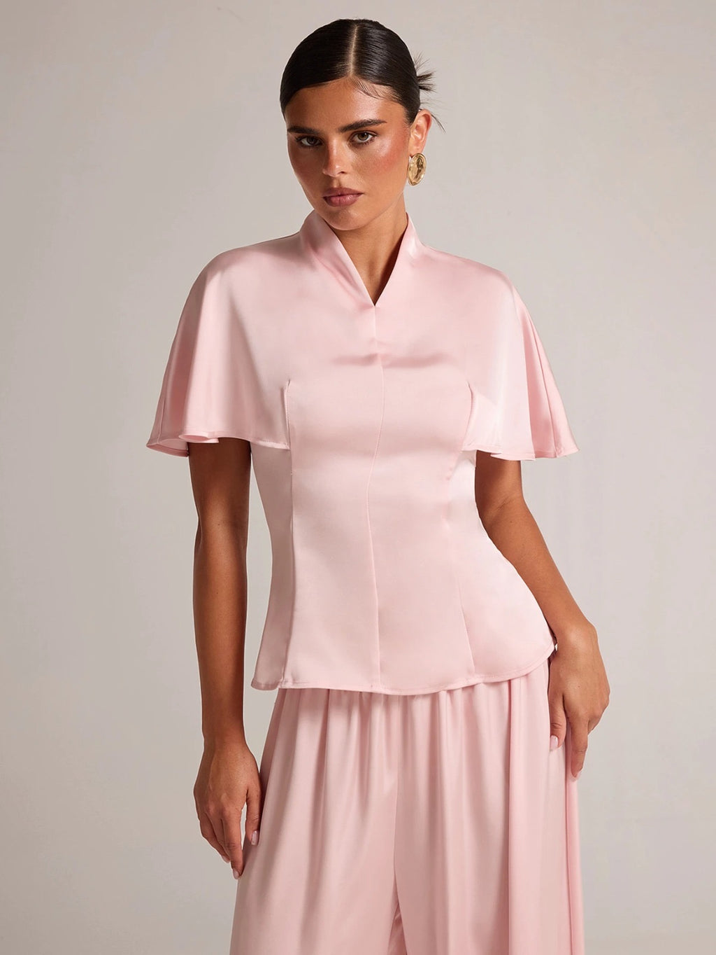 BAE Baby Pink Satin Cape Sleeve Blazer Balloon Pants Set