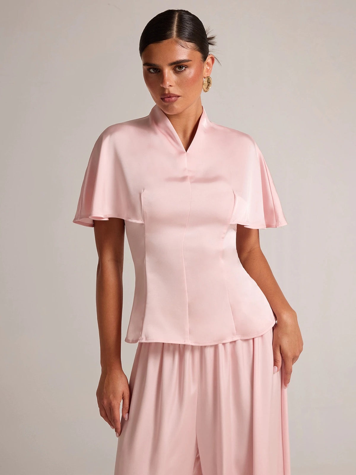 BAE Baby Pink Satin Cape Sleeve Blazer Balloon Pants Set
