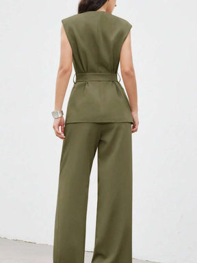 Minimalist office wear v-neck cinched waist west two piece set