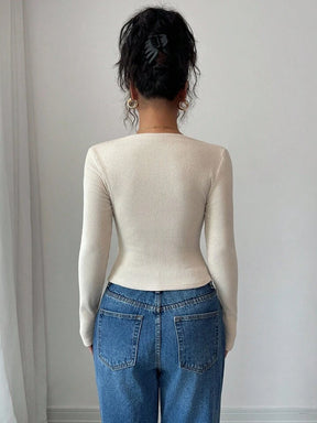 New Solid Color Brushed Ribbed Oblique Collar Pleated Long Sleeve T-Shirt