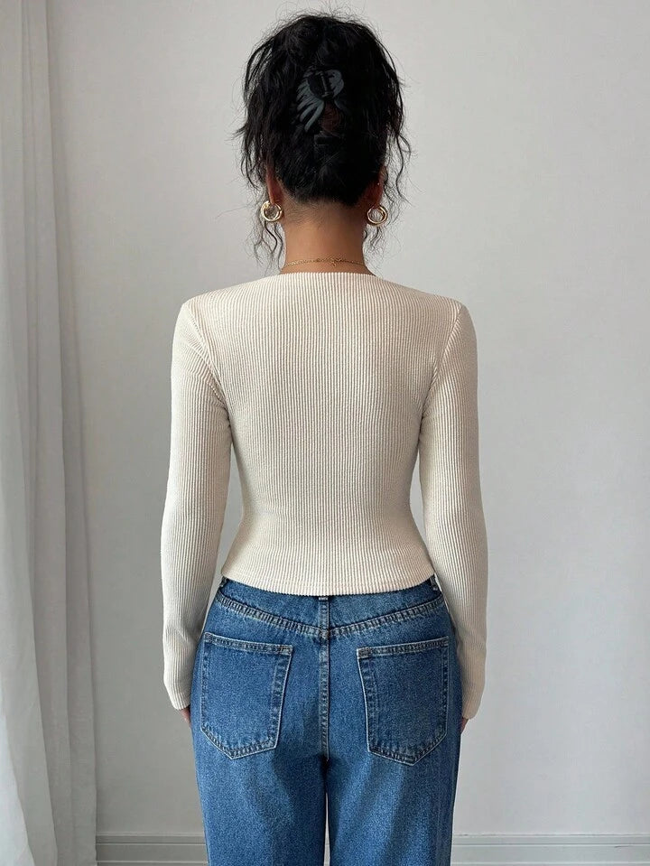 New Solid Color Brushed Ribbed Oblique Collar Pleated Long Sleeve T-Shirt