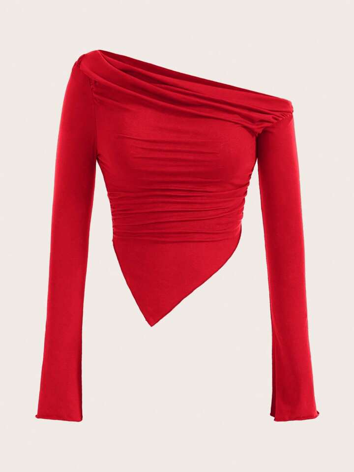 Women's Solid Brown Asymmetrical Ruched Asymmetrical Neck Hem jersey Long Sleeve Top