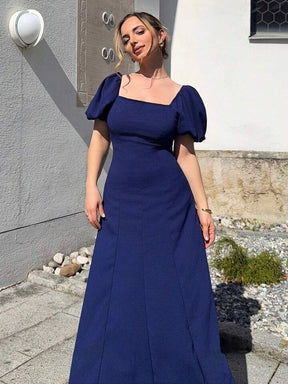 Solid Square Neck Bishop Sleeve Dress, Elegant