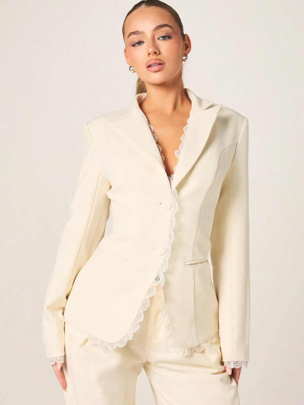 Elegant Lace Trim Blazer With Button Closure