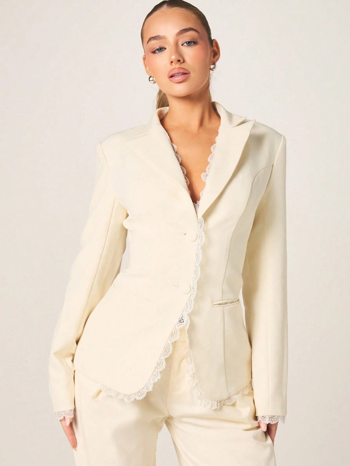 Elegant Lace Trim Blazer With Button Closure