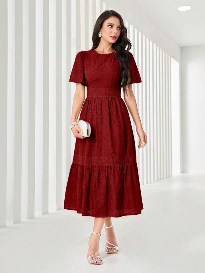 Women's Elegant Long Floral Embroidery Round Neck Ruffle Short Sleeve Dress