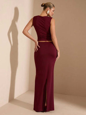 Summer Seaside  Solid Burgundy Square Neck Stretch Top Suit Skirt Suit