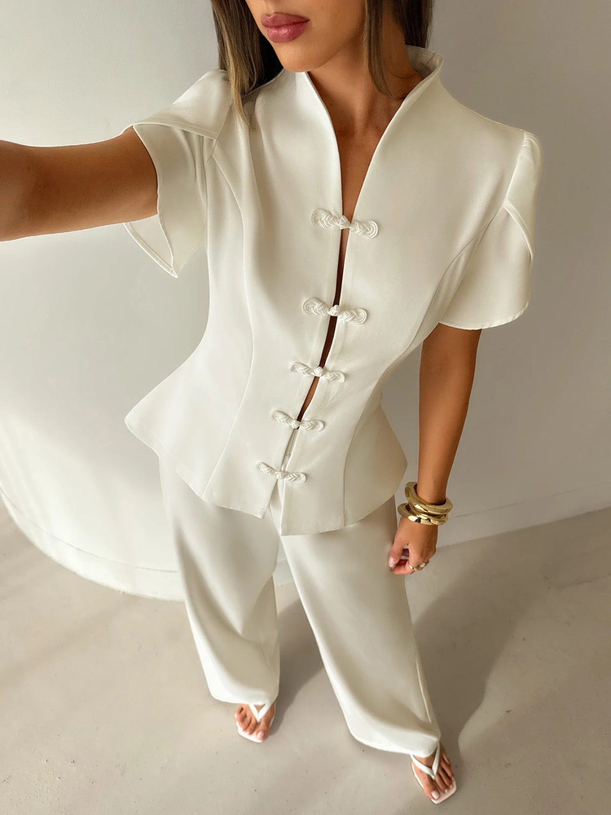 Women's Chinese Style Leg-Of-Gigot Sleeve Blazer Frog Set