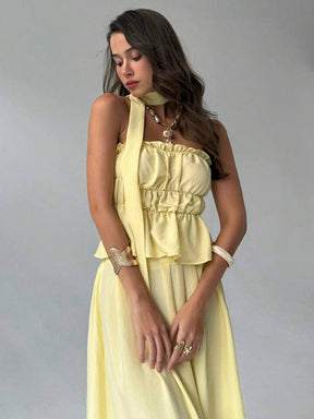 Women Summer Simple Solid Color Pleated Chest Ruffles Hem Tube Top And Long Skirt Set With Scarf