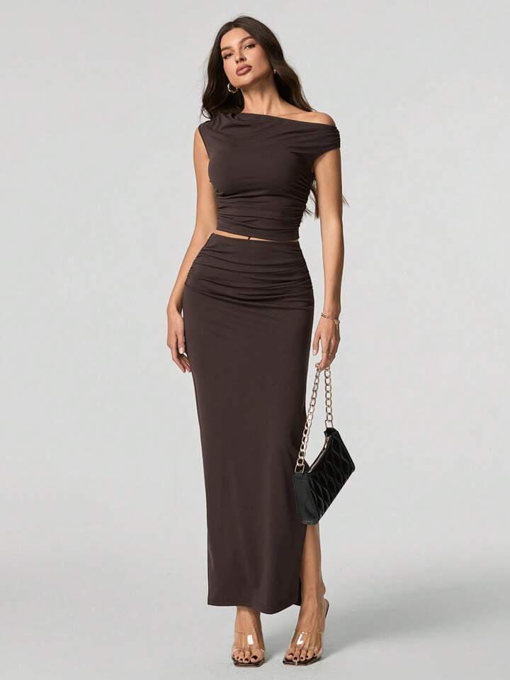 Women Oblique Shoulder Short Sleeve Top And Skirt Set
