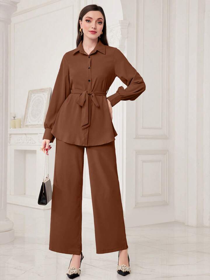 Women Solid Color Front Button Long Sleeve Casual Top And Pants Set