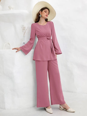 Bell Sleeve Belted Blouse With Wide Leg Pants