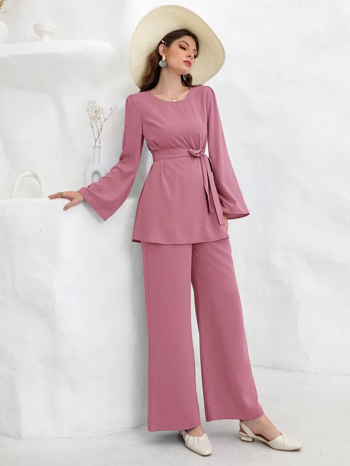 Bell Sleeve Belted Blouse With Wide Leg Pants