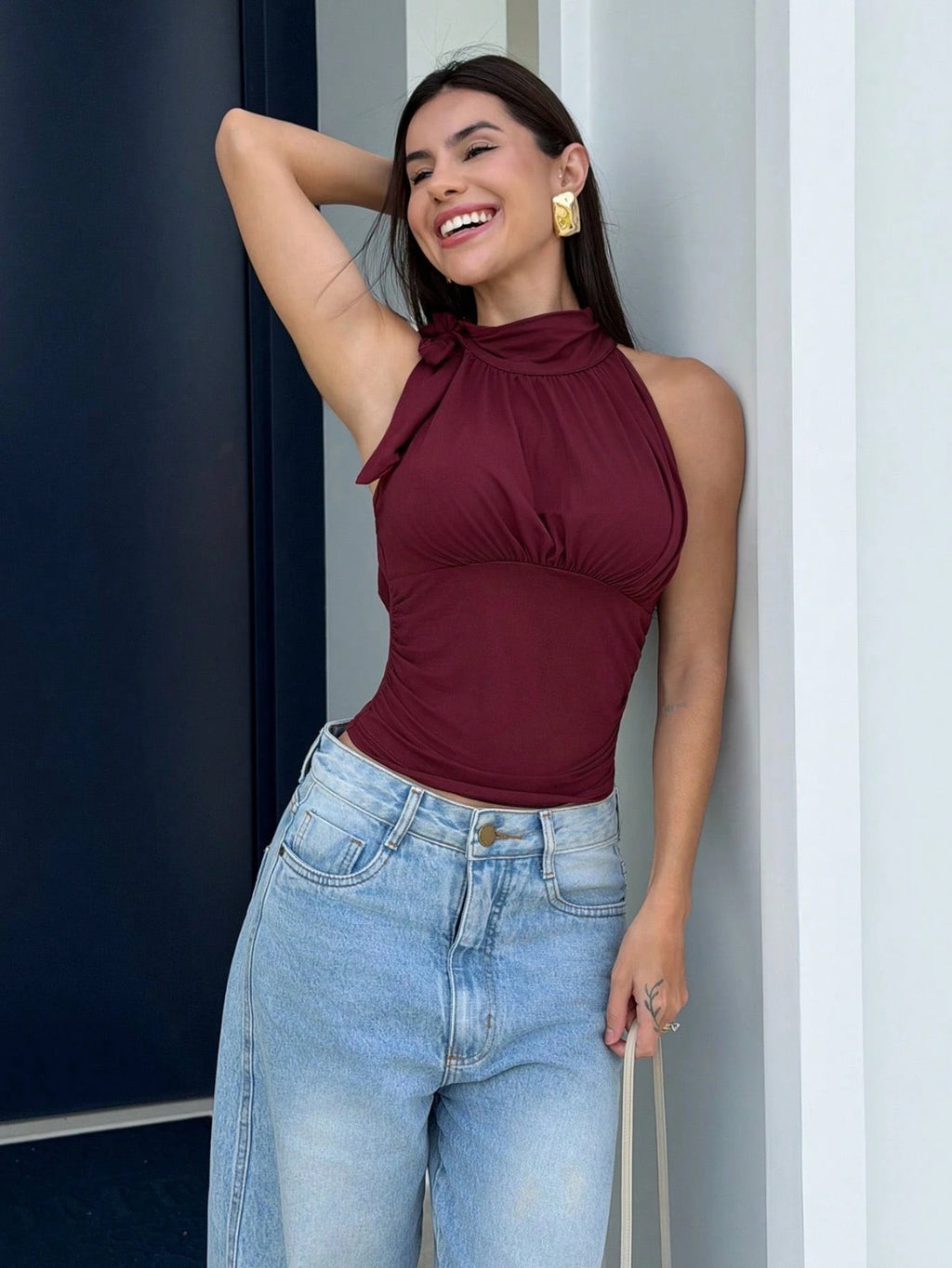 Stand Collar Bowknot Gathered Top