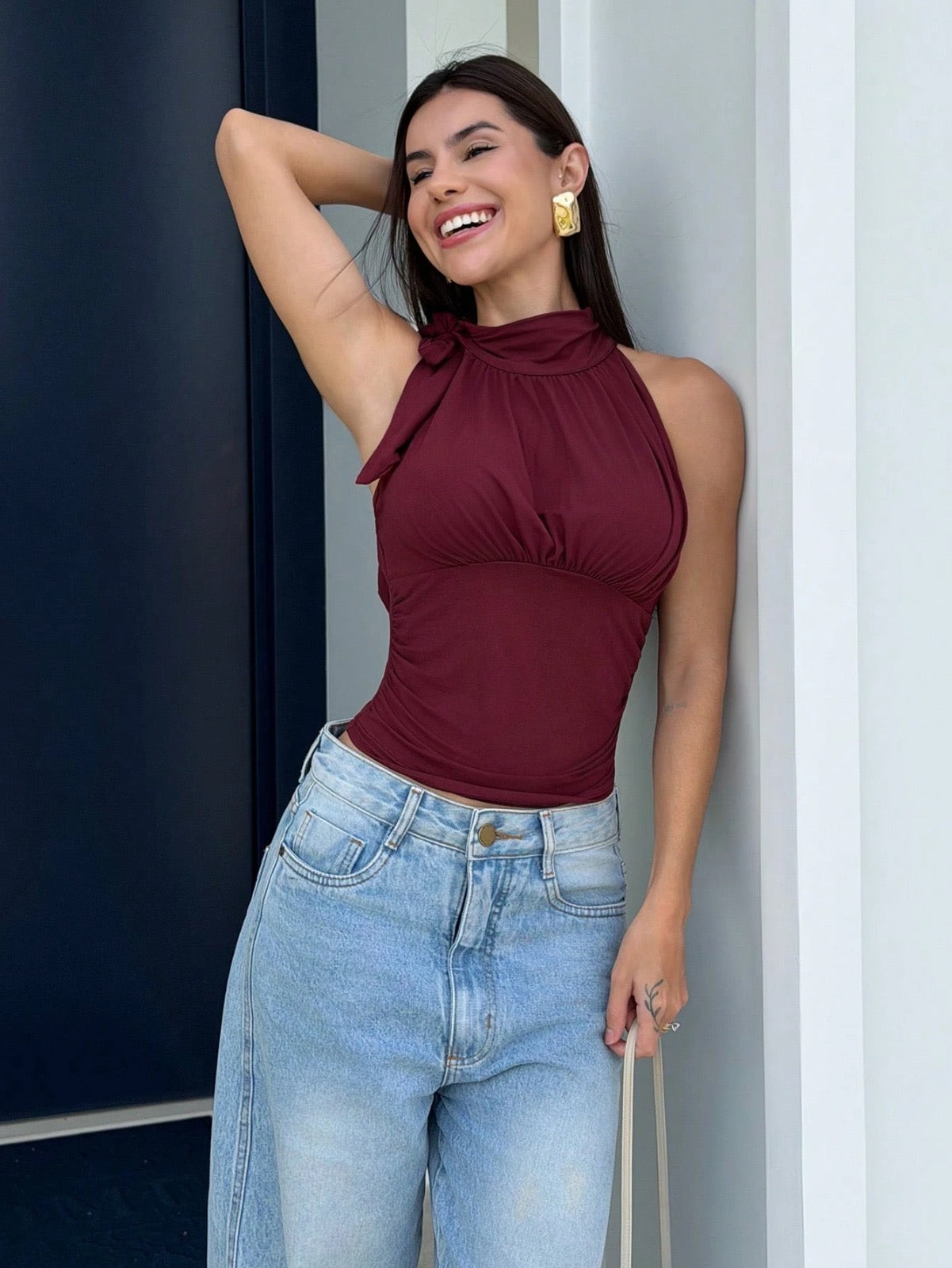 Stand Collar Bowknot Gathered Top
