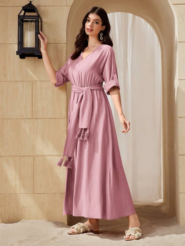 Women's V-Neck Solid Color Waist Belt And Tassel Decorated Elegant Arabic Summer Dress
