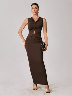Women's Summer Casual Bottoming Sleeveless Long Skirt Slim Fit Suit and Elegant Top
