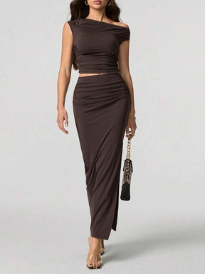 Women Oblique Shoulder Short Sleeve Top And Skirt Set