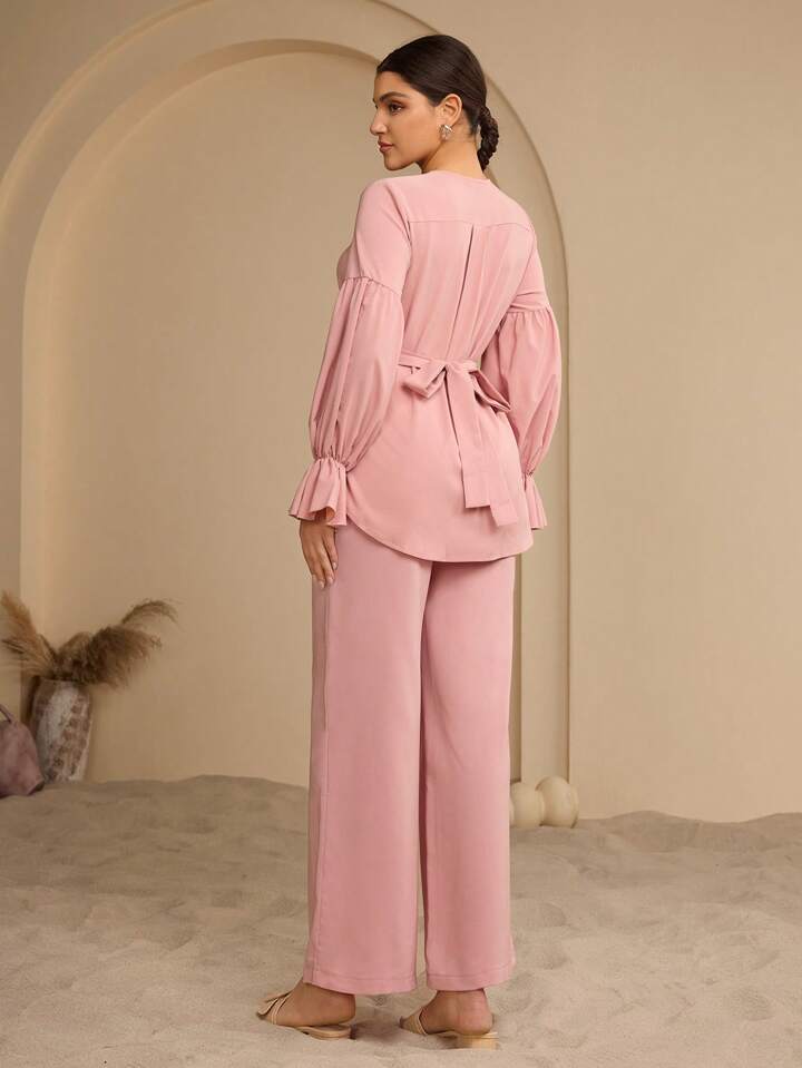 Graceveil 2 Pieces Set With Lantern Sleeves, Cinched Waist And Ruffle Hem Set  For Women