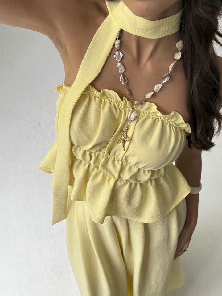 Women Summer Simple Solid Color Pleated Chest Ruffles Hem Tube Top And Long Skirt Set With Scarf