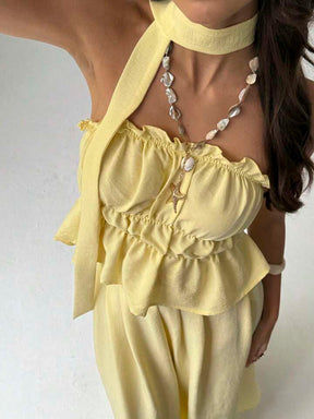 Women Summer Simple Solid Color Pleated Chest Ruffles Hem Tube Top And Long Skirt Set With Scarf