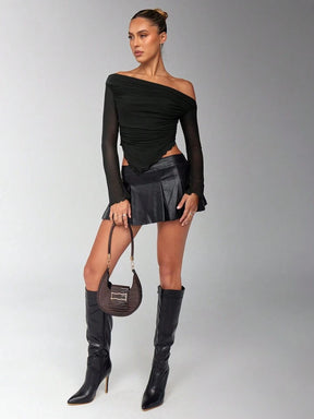Women's Solid Brown Asymmetrical Ruched Asymmetrical Neck Hem jersey Long Sleeve Top