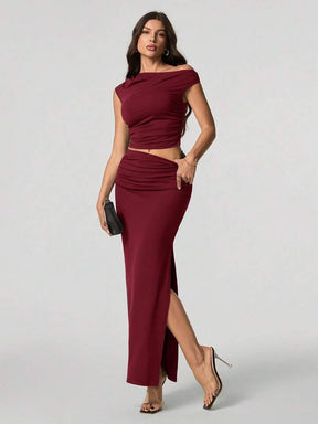 Women Oblique Shoulder Short Sleeve Top And Skirt Set