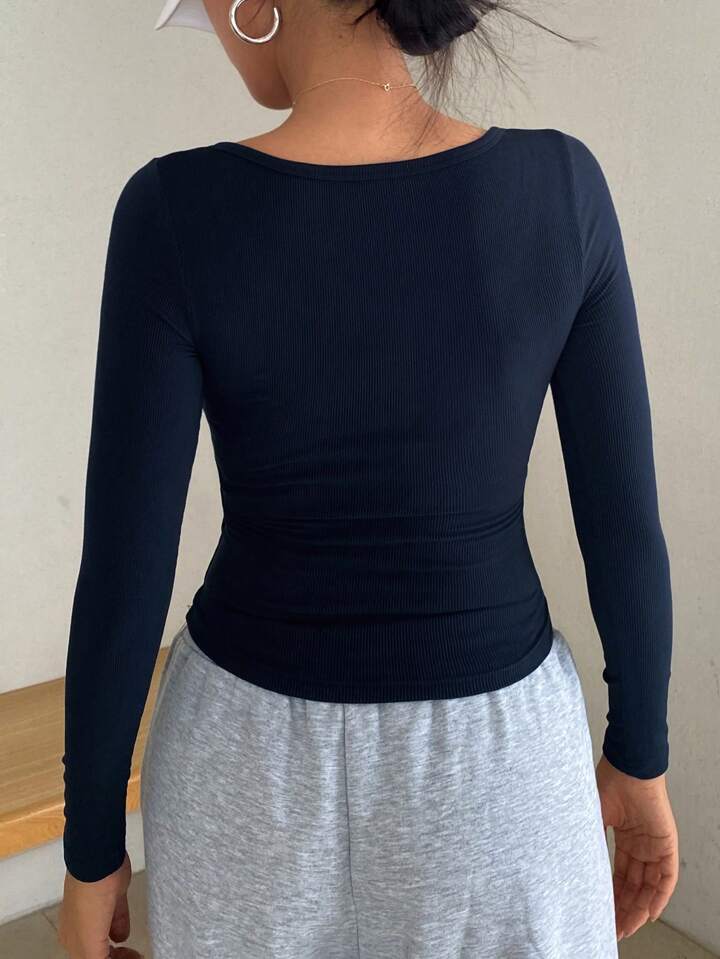 Women's Solid Color Button Front Long Sleeve Casual T-Shirt