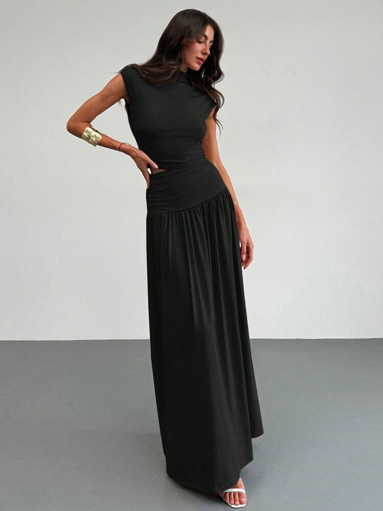 2PCS/SET STAND COLLAR RUCHED BLOUSE AND HIGH WAIST SKIRT SET