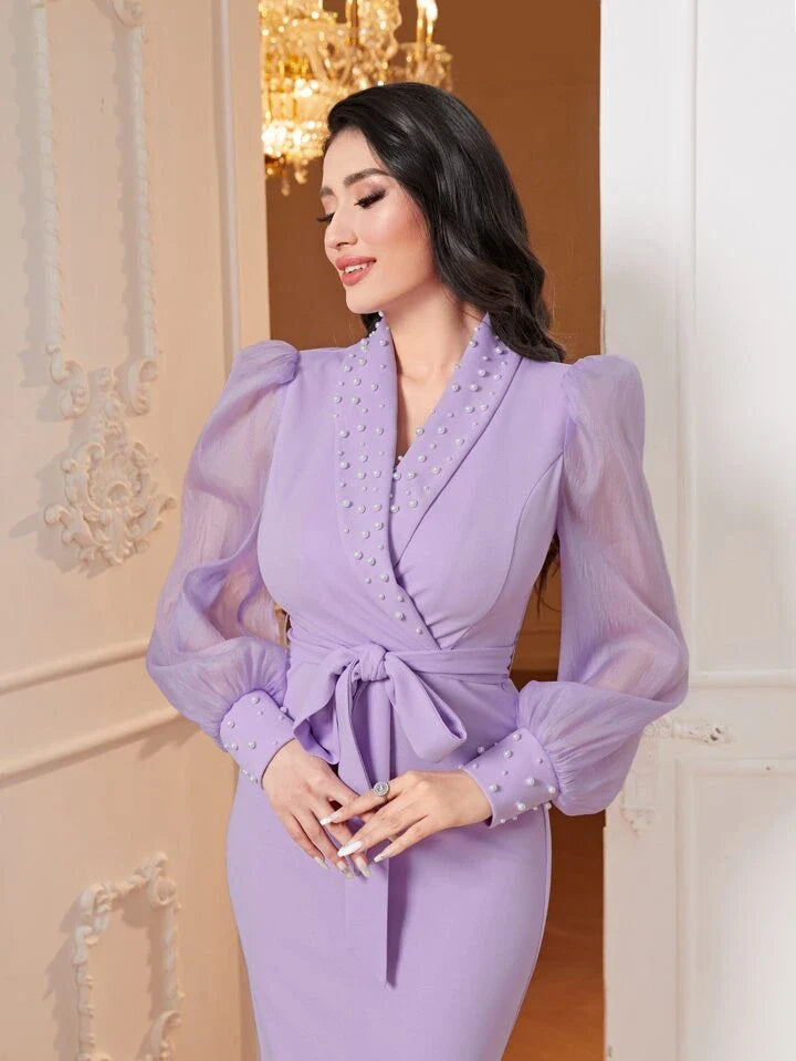 Shawl Collar Lantern Sleeve Pearl Beaded Belted Long Dress