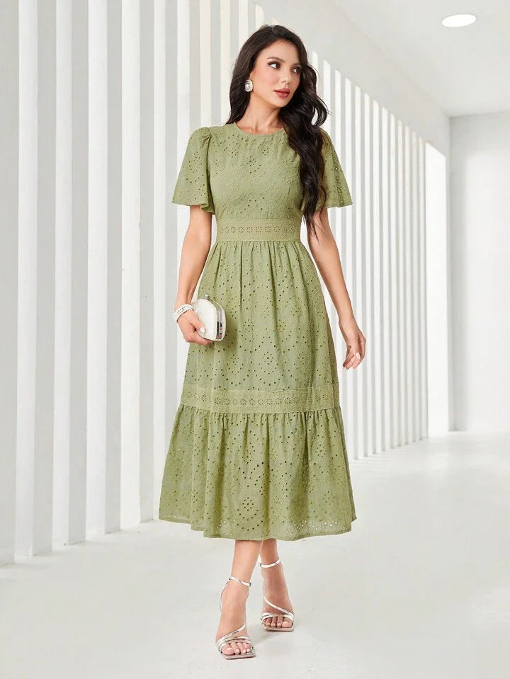 Women's Elegant Long Floral Embroidery Round Neck Ruffle Short Sleeve Dress
