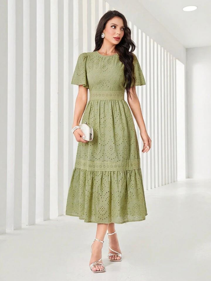 Women's Elegant Long Floral Embroidery Round Neck Ruffle Short Sleeve Dress