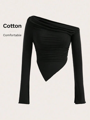 Women's Solid Brown Asymmetrical Ruched Asymmetrical Neck Hem jersey Long Sleeve Top
