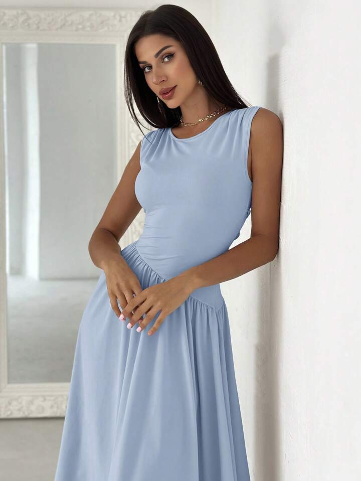 Elegant Asymmetrical Patchwork Ruched Back Tie Waist Dress