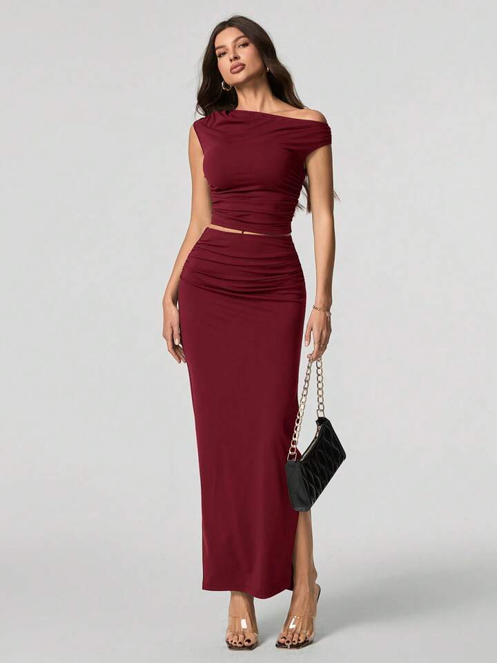 Women Oblique Shoulder Short Sleeve Top And Skirt Set