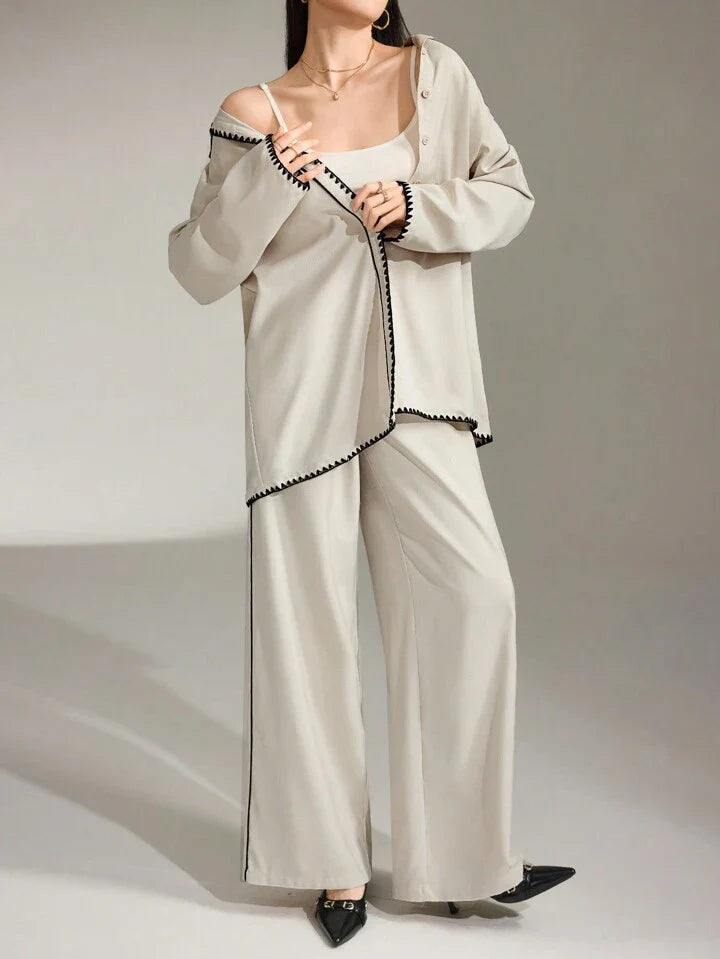 Casual Contrast Trim Shirt And Pant Women Full Sleeves Suit