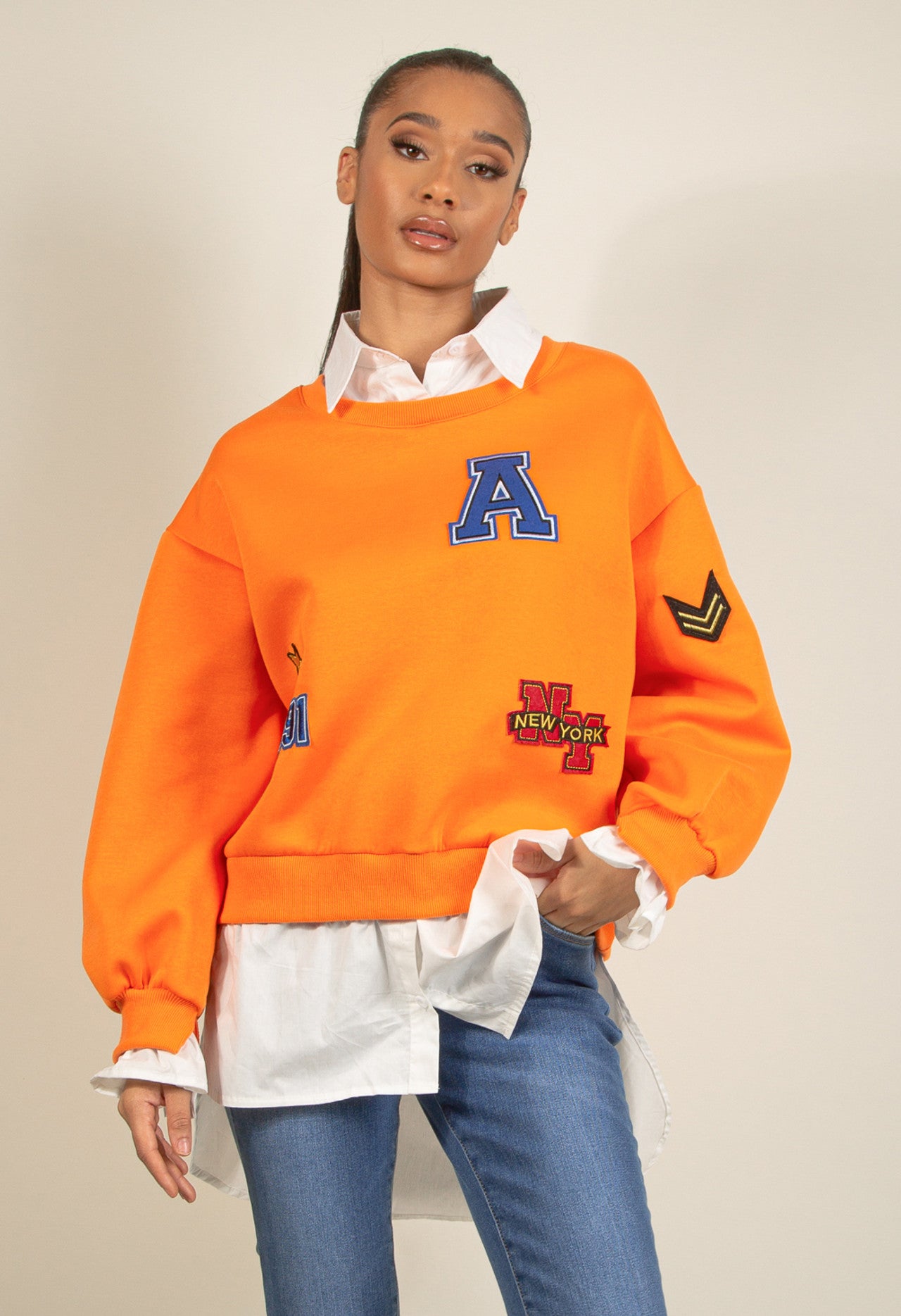 BADGE MOTIF SWEATSHIRT WITH SHIRT UNDERLAY