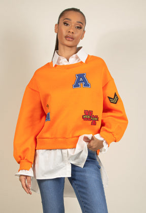 BADGE MOTIF SWEATSHIRT WITH SHIRT UNDERLAY