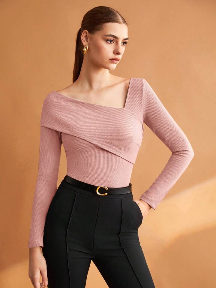 Women Solid Elastic Foldable Slim Asymmetric Collar Long Sleeve Casual Top