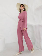 Bell Sleeve Belted Blouse With Wide Leg Pants