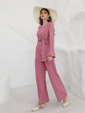 Bell Sleeve Belted Blouse With Wide Leg Pants