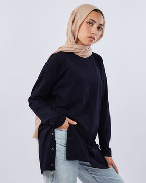 SIDE BUTTON LONG T-SHIRT O-NECK