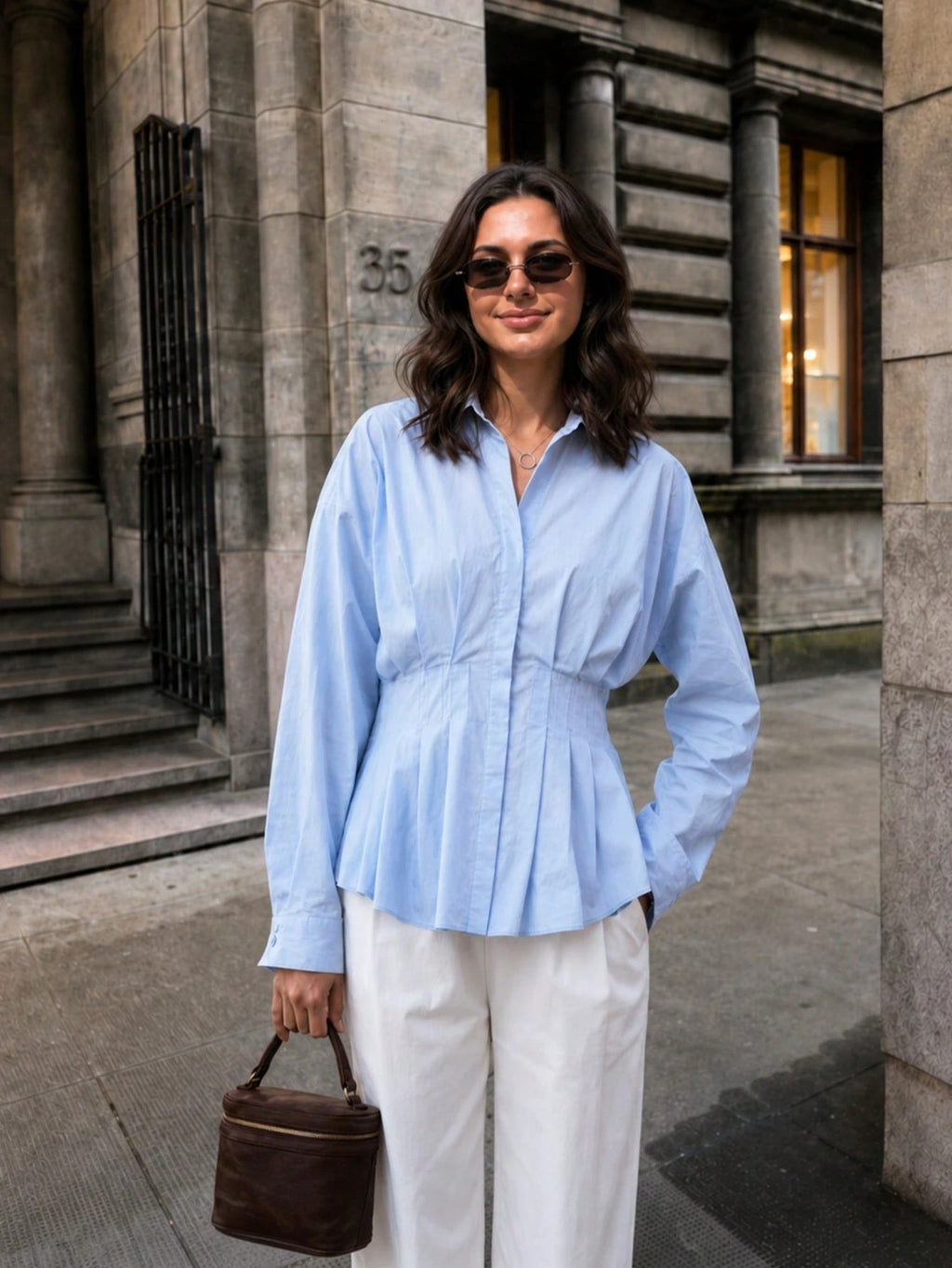 Solid V-Neck Long Sleeve Shirt