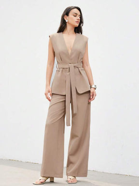 Minimalist office wear v-neck cinched waist west two piece set