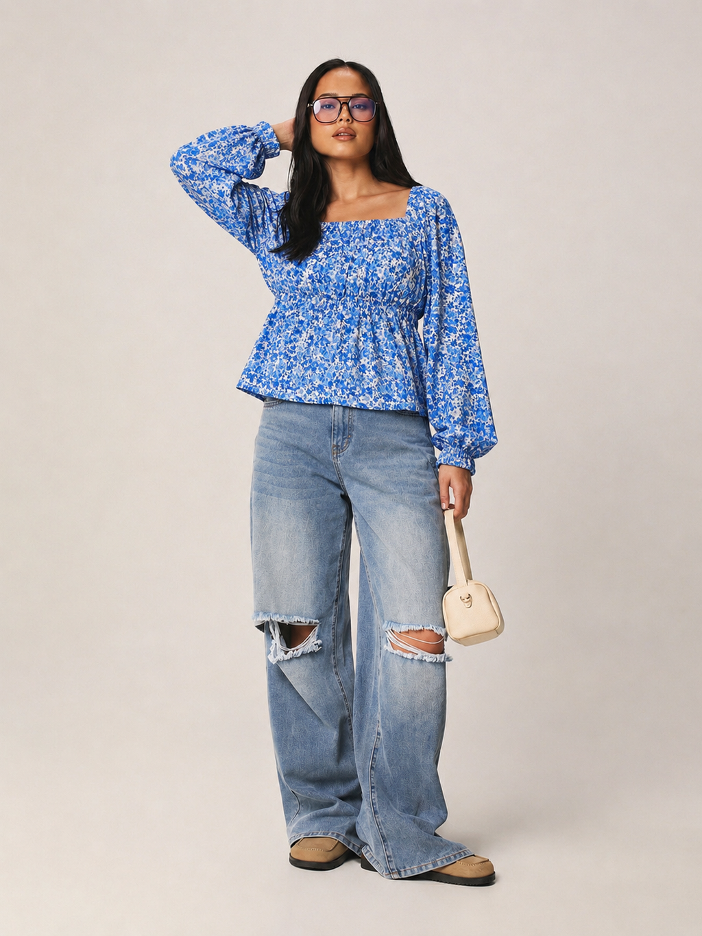 WOMEN DITSY FLORAL BACK BOW SQUARE  NECK FULL SLEEVES TOP