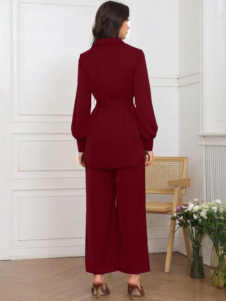 Women Solid Color Front Button Long Sleeve Casual Top And Pants Set