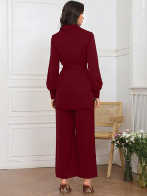 Women Solid Color Front Button Long Sleeve Casual Top And Pants Set