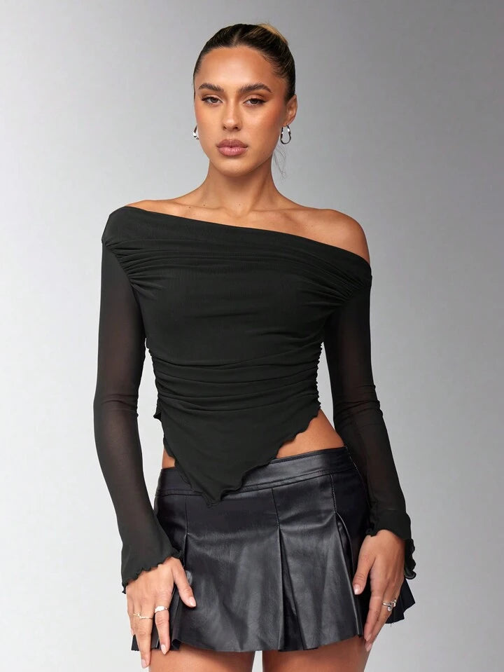 Women's Solid Brown Asymmetrical Ruched Asymmetrical Neck Hem jersey Long Sleeve Top