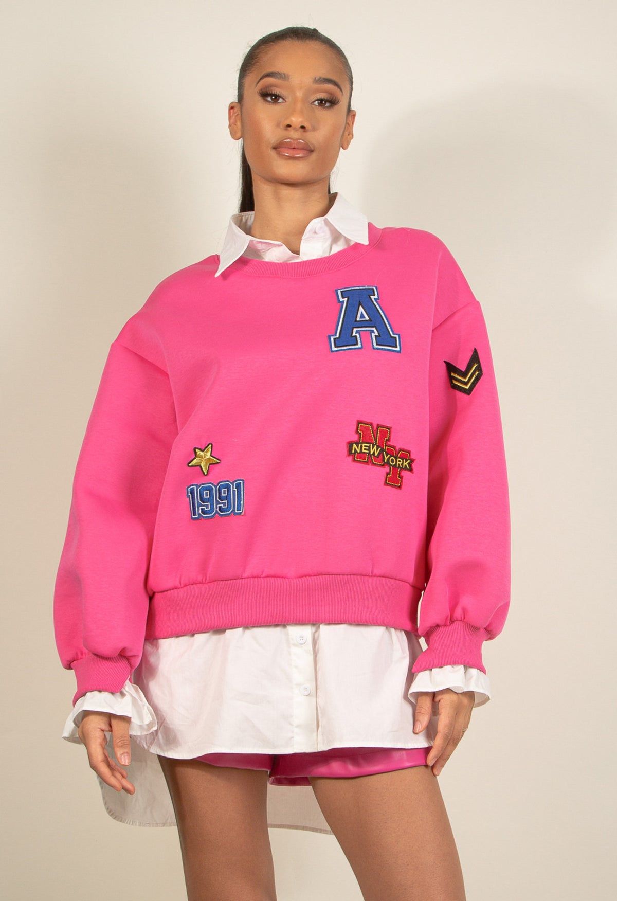 BADGE MOTIF SWEATSHIRT WITH SHIRT UNDERLAY